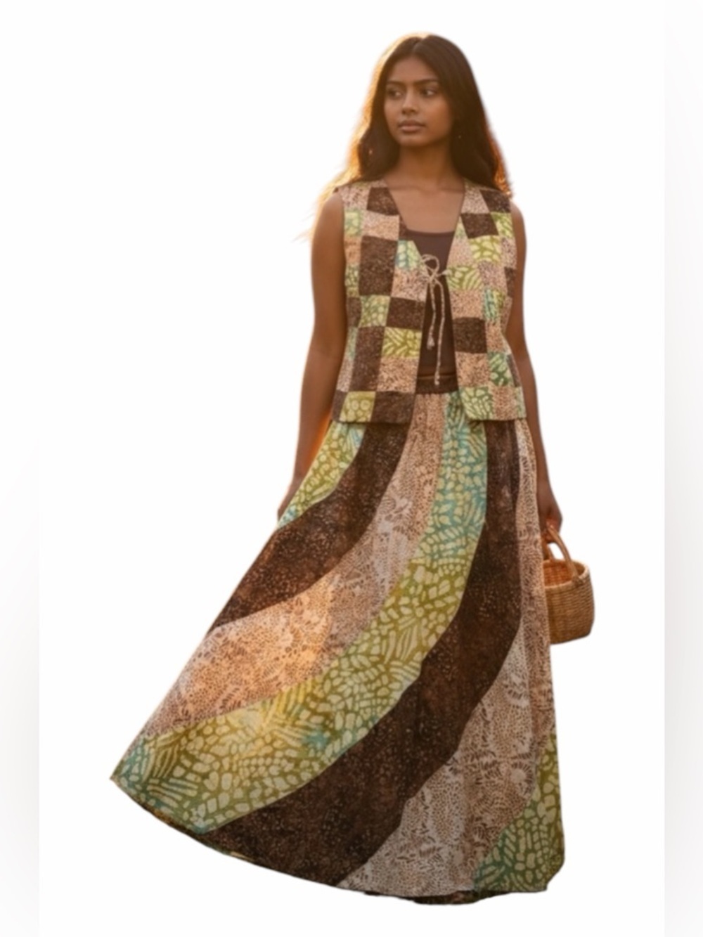 Boho Patchwork - Hand Sewn - Vest and Maxi Skirt - New - One of a Kind - Perfect